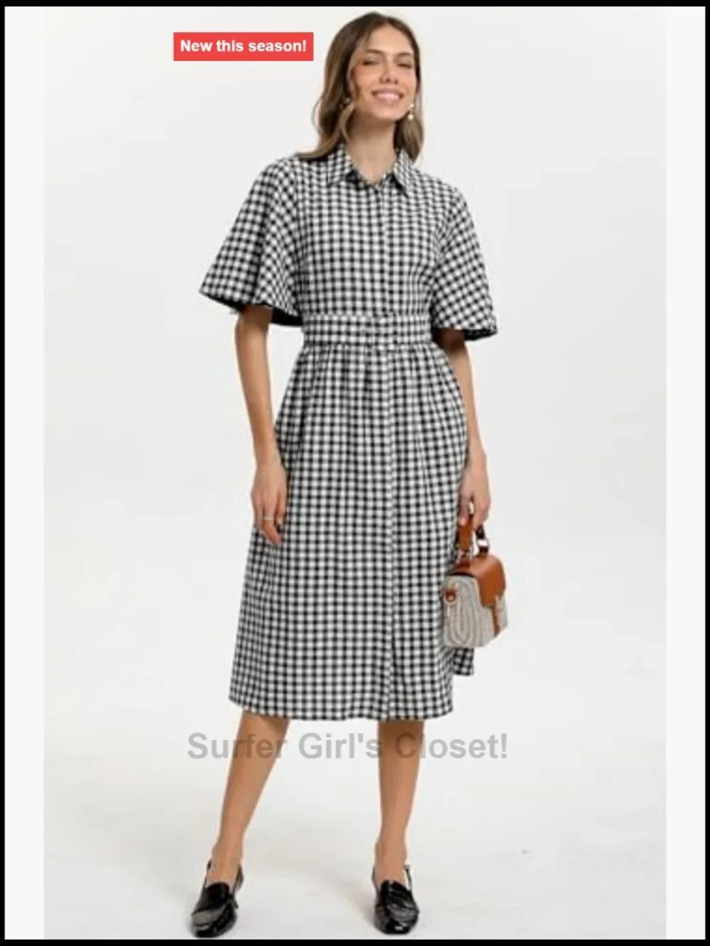 Women's Plaid Shirt Dress Button Down V Neck Cape Sleeves Midi with Belt Pocket